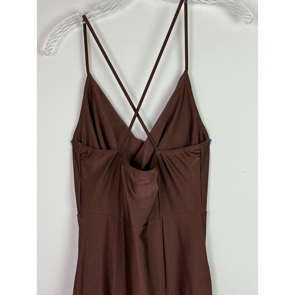 Brown Satin Midi Slip Dress Medium Cowl Neck Ruching Y2K Revival 90's Bodycon - Picture 6 of 9